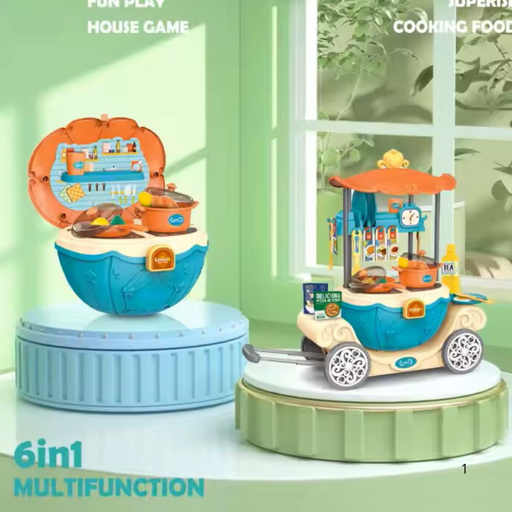 6-in-1 Multifunction Cooking Food Cart – Roleplay Kitchen & Travel Case for Kids